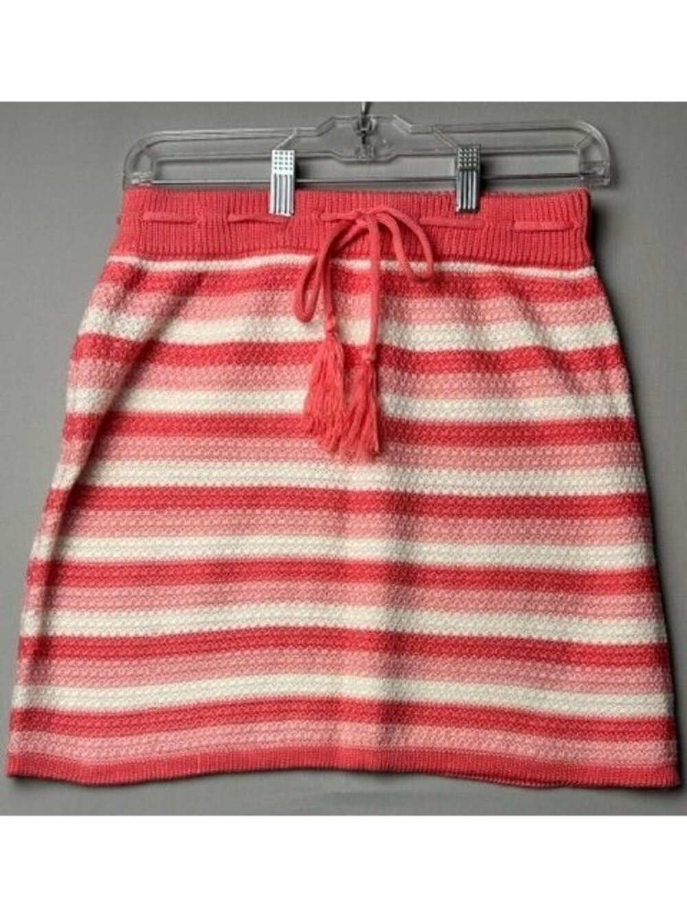 Madden NYC Women's M Coral Pink Striped Knit Mini Skirt Tassel Tie Coastal Boho